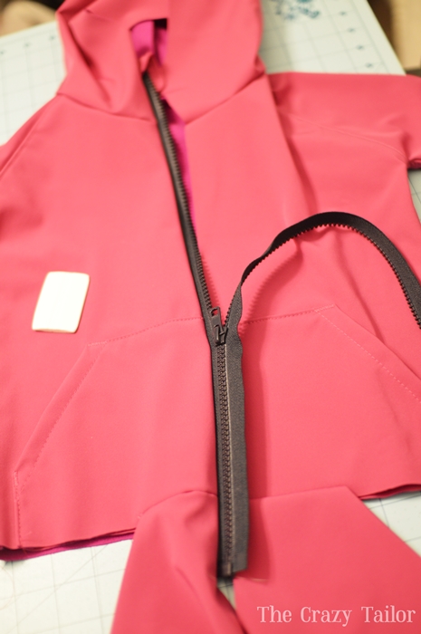 Jacket zipped up temporarily to check seam alignment before sewing second side